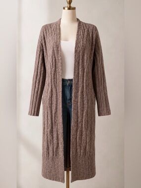 NEW EXPRESS HEATHER BROWN CABLE KNIT DUSTER CARDIGAN SWEATER SIZE XS